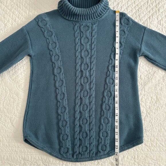 LL Bean Cable Knit Turtleneck Sweater Pullover Thick Cotton Fisherman Teal - Picture 4 of 10